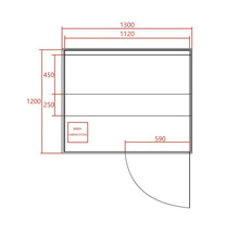Technický výkres sauny s rozměry a umístěním kamen Harvia 3500W