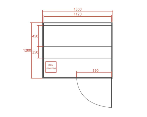 Technický výkres sauny s rozměry a umístěním kamen Harvia 3500W