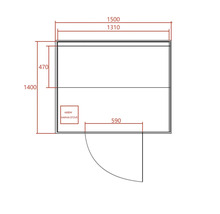 Technický nákres sauny s rozměry a umístěním saunových kamen