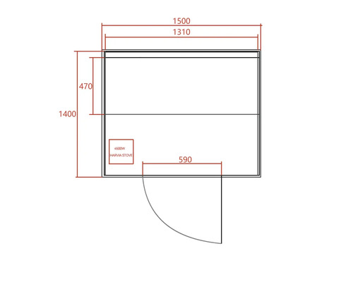 Technický nákres sauny s rozměry a umístěním saunových kamen