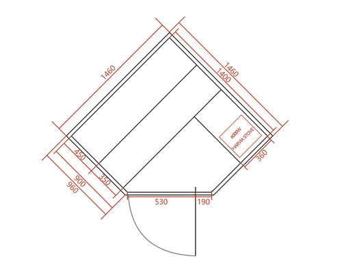 Půdorys sauny s rozměry a umístěním kamen