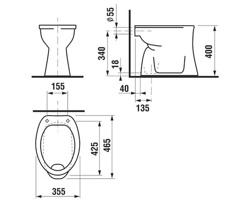 Technický výkres toalety s rozměry