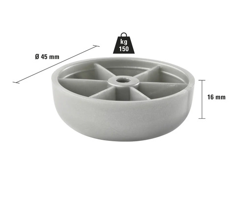 Nábytková noha z plastu o průměru 45 mm a výšce 16 mm, nosnost 150 kg
