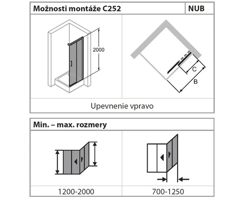 Možnosti montáže C252 a rozměry sprchového koutu
