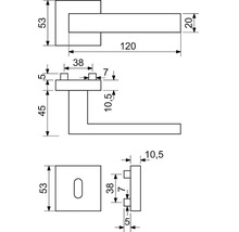 Technický nákres kliky ke dveřím s rozměry