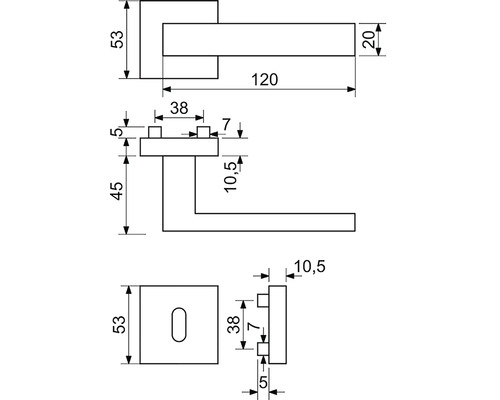 Technický nákres kliky ke dveřím s rozměry