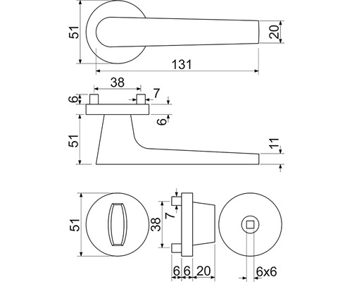 Technický nákres kliky ke dveřím s rozměry