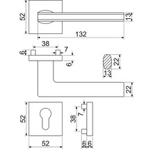 Technický výkres kliky dveří s rozměry