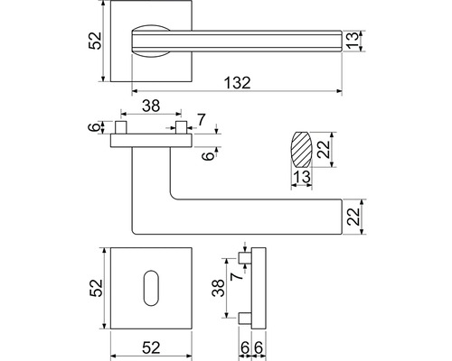 Technický nákres kliky dveří s rozměry