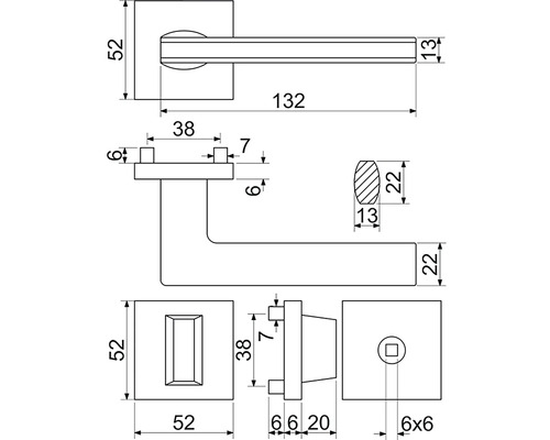 Technický nákres kliky dveří s rozměry
