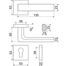 Technický nákres kliky dveří s rozměry