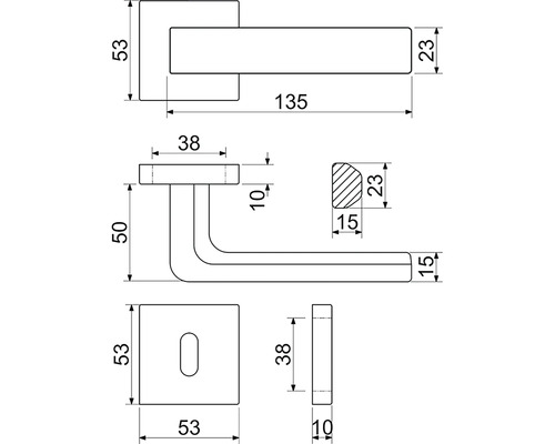 Technický výkres kliky dveří s rozměry