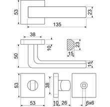 Technický výkres kliky dveří s rozměry