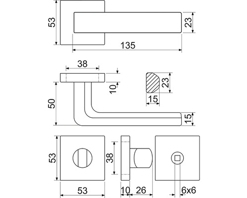 Technický výkres kliky dveří s rozměry