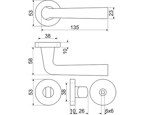 Technický výkres kliky dveří s rozměry