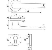 Technický nákres kliky dveří s rozměry