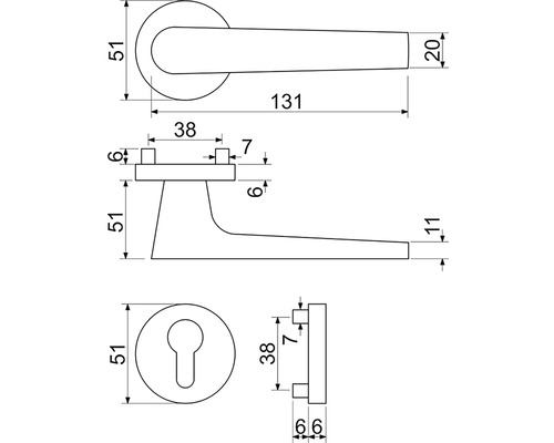 Technický výkres kliky dveří s rozměry.