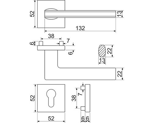 Technický nákres kliky dveří s rozměry
