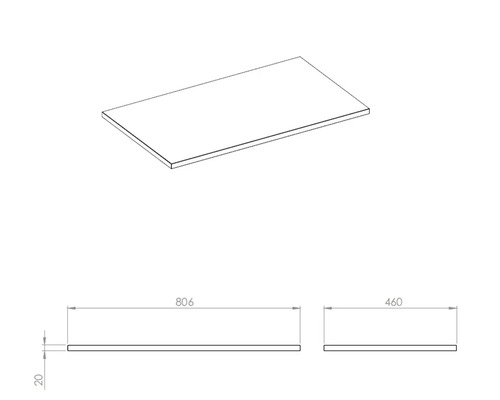 Technický nákres pracovní desky o rozměrech 806 x 460 x 20 milimetrů