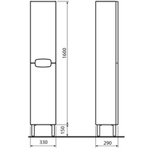 Technický nákres koupelnové skříňky o rozměrech výška 1600 mm, šířka 330 mm a hloubka 290 mm.