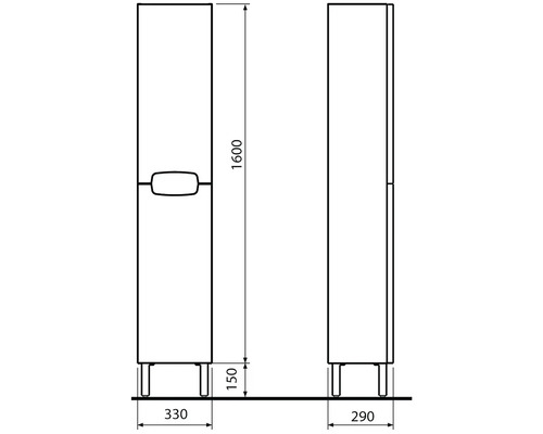 Technický nákres koupelnové skříňky o rozměrech výška 1600 mm, šířka 330 mm a hloubka 290 mm.