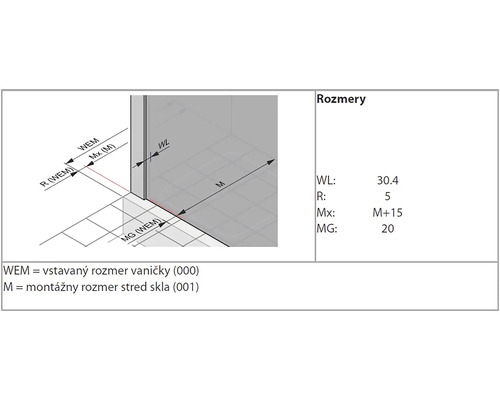 Rozměrový nákres sprchového koutu s rozměry