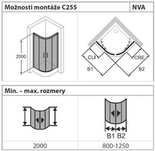 Technický výkres sprchového koutu s rozměry