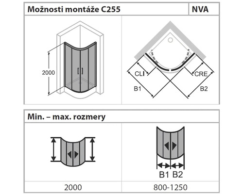 Technický výkres sprchového koutu s rozměry