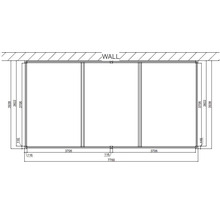 Technický výkres třídílného posuvného dveřního systému s rozměry.