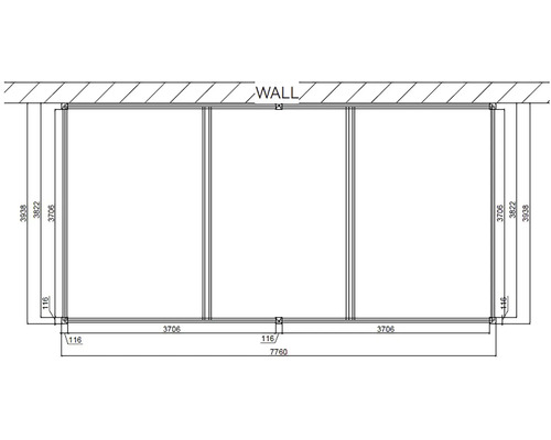 Technický výkres třídílného posuvného dveřního systému s rozměry.