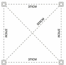 Čtvercové zobrazení s rozměry: délka strany 371 cm, úhlopříčka 525 cm