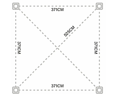 Čtvercové zobrazení s rozměry: délka strany 371 cm, úhlopříčka 525 cm