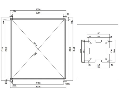 Technický výkres obdélníkového pavilonu s rozměry