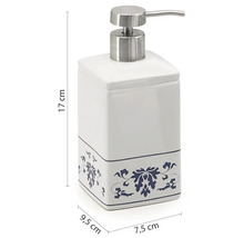 Bílý keramický dávkovač mýdla s květinovým vzorem a nerezovou pumpou, rozměry 17 cm x 9,5 cm x 7,5 cm