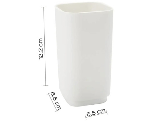 Bílý kelímek na zubní kartáčky o rozměrech 12,2 x 6,5 x 6,5 cm.