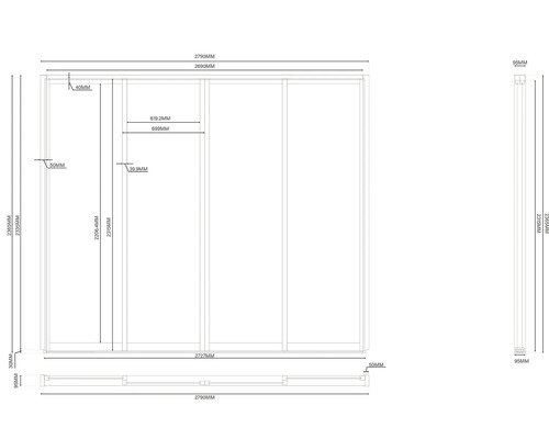 Technický nákres skříně s rozměry