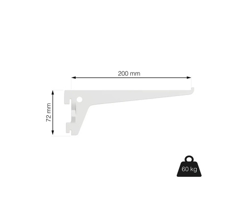Konzole police o rozměrech 200 mm x 72 mm s nosností 60 kg.