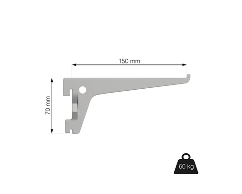 Policová konzole o rozměrech 150 mm x 70 mm a nosnosti 60 kg.