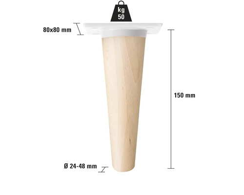 Dřevěná nábytková noha s nosností 50 kilogramů a rozměry 150 x 80 x 80 milimetrů