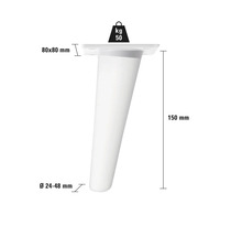 Nábytková noha s rozměry 150 mm výška, 80 x 80 mm montážní deska a 24 až 48 mm průměr, maximální nosnost 50 kilogramů