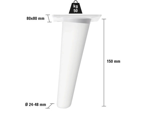 Nábytková noha s rozměry 150 mm výška, 80 x 80 mm montážní deska a 24 až 48 mm průměr, maximální nosnost 50 kilogramů