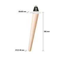 Nábytková noha ze dřeva, výška 300 mm, průměr 24 až 48 mm, montážní deska 80 x 80 mm, nosnost 50 kg