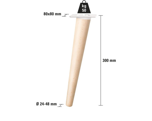 Nábytková noha ze dřeva, výška 300 mm, průměr 24 až 48 mm, montážní deska 80 x 80 mm, nosnost 50 kg