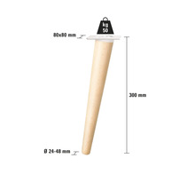 Dřevěná nábytková noha, délka 300 mm, průměr dole 24 až 48 mm, montážní deska 80 x 80 mm, maximální nosnost 50 kg