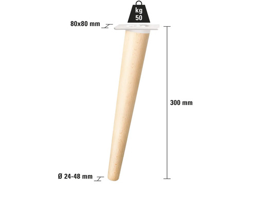 Dřevěná nábytková noha, délka 300 mm, průměr dole 24 až 48 mm, montážní deska 80 x 80 mm, maximální nosnost 50 kg