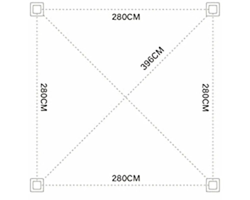 Čtvercové rozměry 280 cm s diagonálními rozměry 396 cm