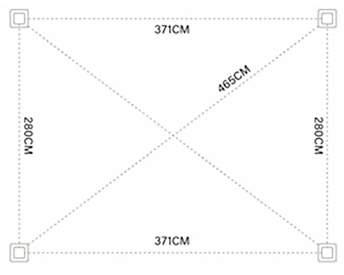 Diagram s rozměry 280 cm, 371 cm a 465 cm