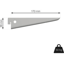 Držák police o rozměrech 170 mm na délku a 39 mm na výšku s nosností 50 kg.