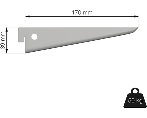 Držák police o rozměrech 170 mm na délku a 39 mm na výšku s nosností 50 kg.