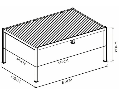 Nákres pergoly o rozměrech 261 cm výška, 401 cm hloubka, 601 cm šířka